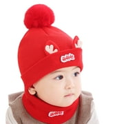 Huowey Toddler Baby Kids Boy Girl Pompom Hat Winter Warm Knit Bobble Beaniess Cartoon Cap Scarf Set Boho Dailywear, One Size